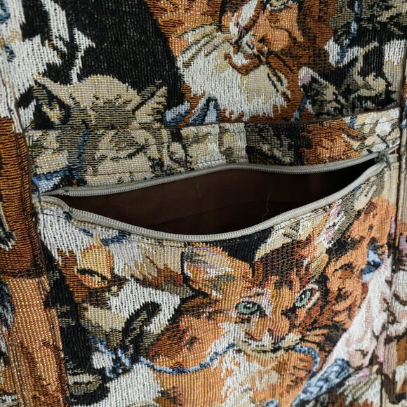 Vintage 90s Cat Tapestry Tote Bag Handbag Zipper pockets & Closure - Picture 5 of 6